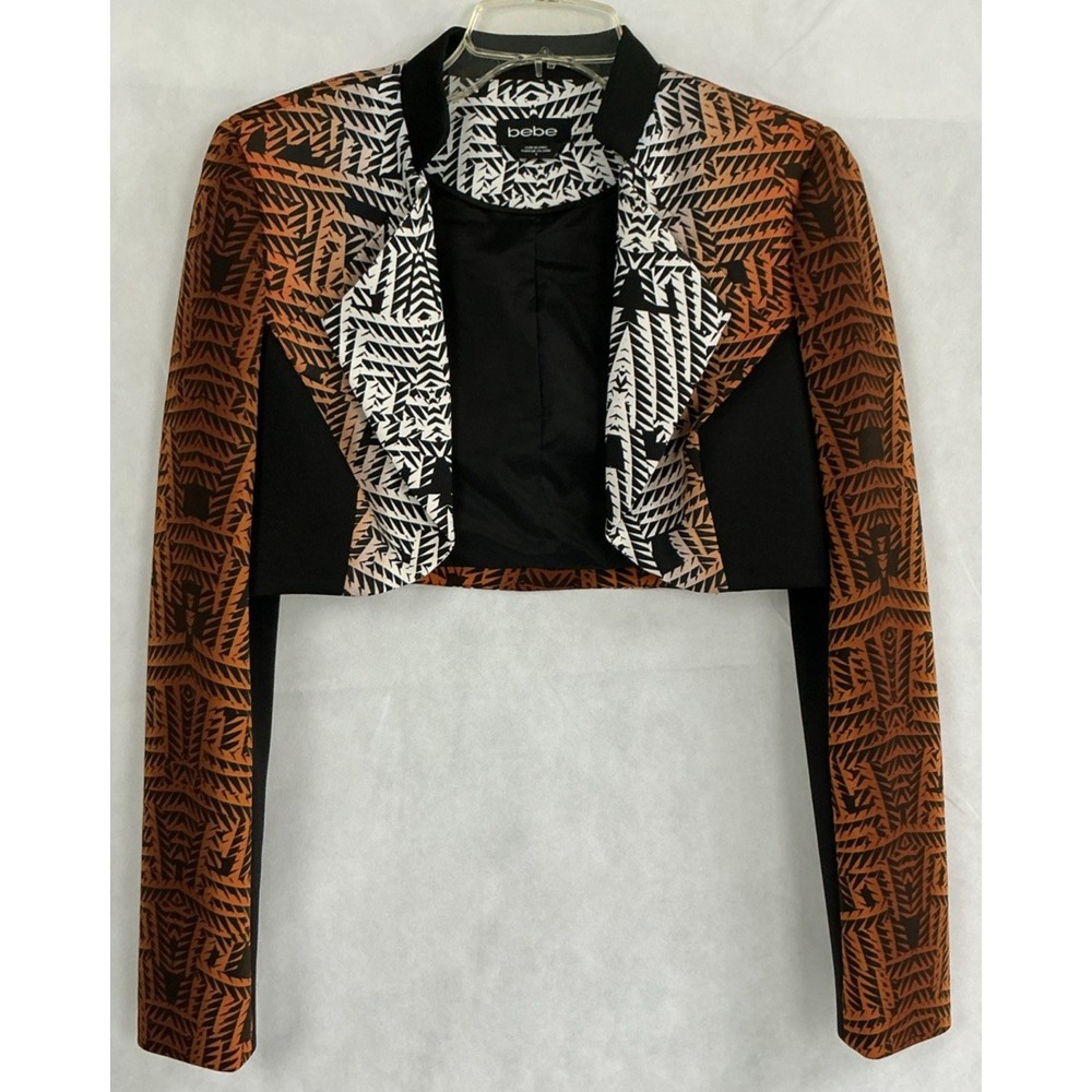 bebe Ladies Bolero Short Jacket Size 6 Black Brown Geometric Print Tribal Y2K